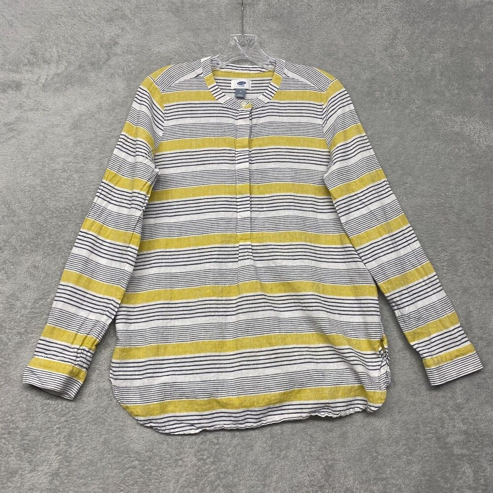 Old Navy Womens Shirt Top Medium Yellow White Linen Cotton Stripe Long Sleeve